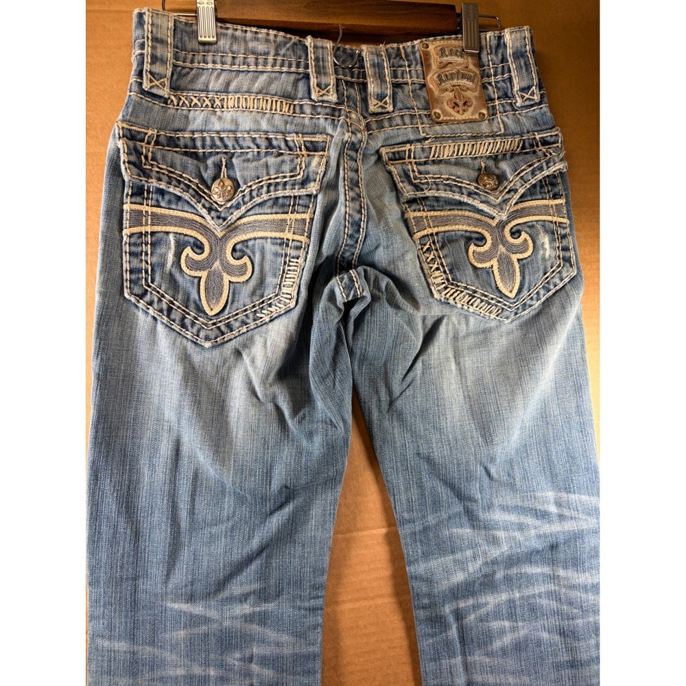 Rock Revival Ronnie Boot Jeans Mens 29 Blue Distressed Y2K Thick Stitch Bootcut
